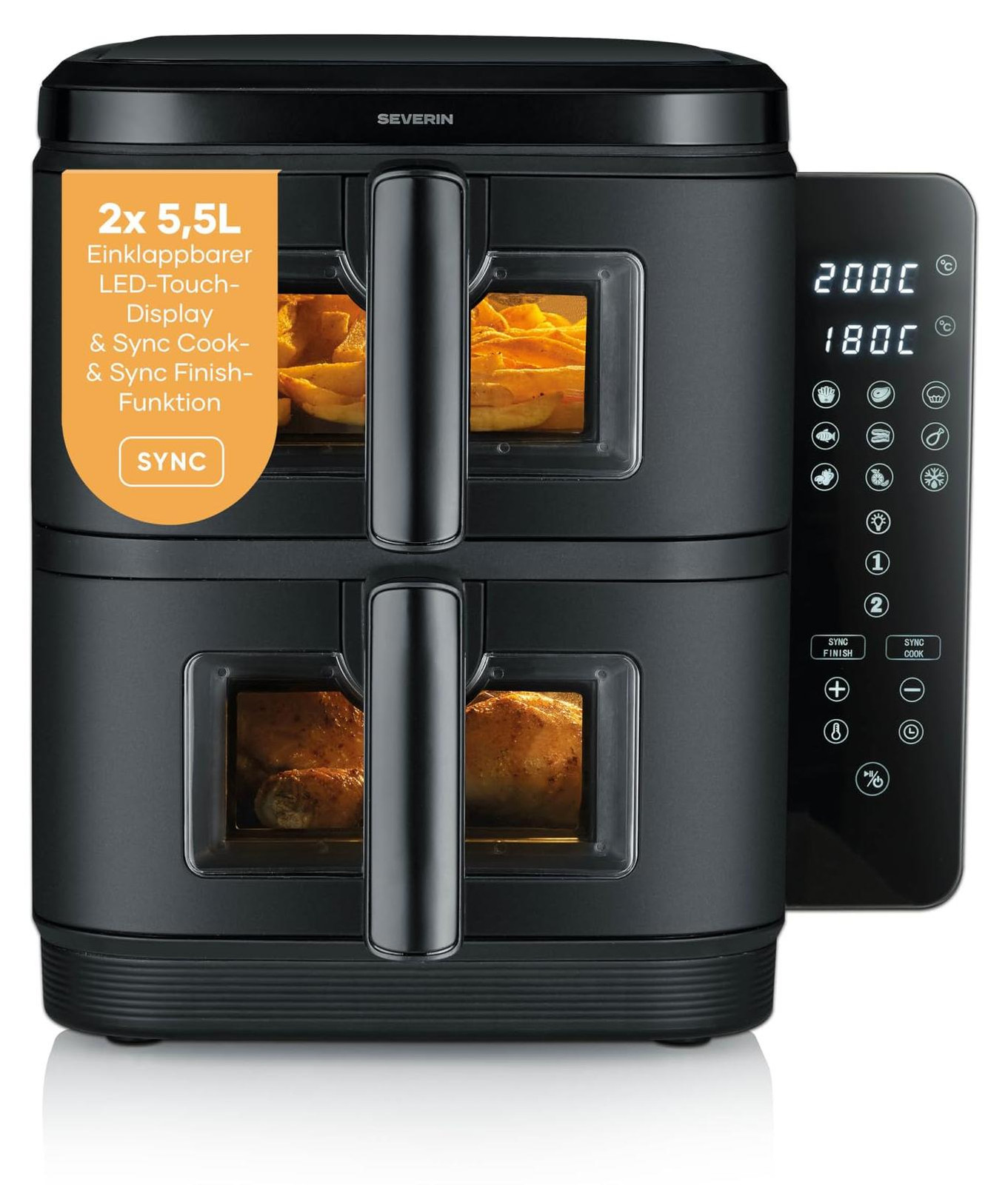 Severin Duo Stack FR 9598 heteluchtfriteuse, 2 compartimenten, 2 x 5,5 liter, 2800 W, zwart