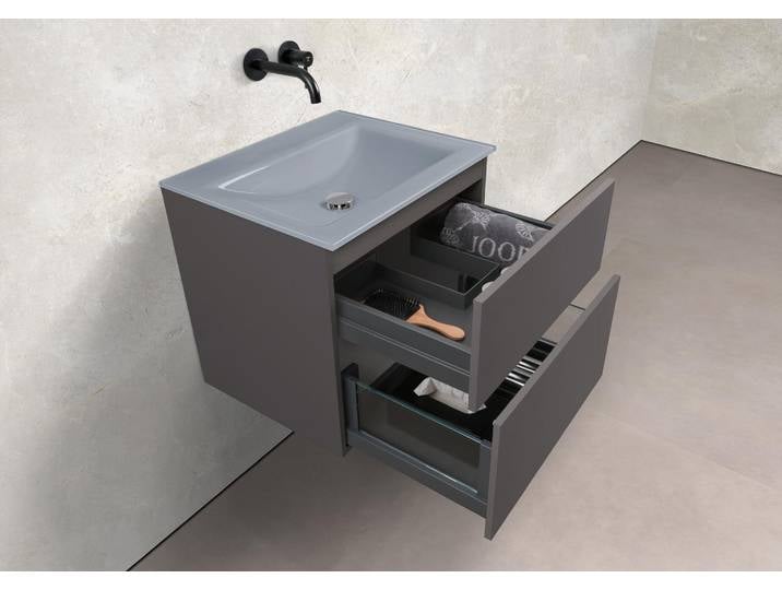 Zafiro - Badmöbelset 60 cm mit Glaswaschbecken Optiwhite und grifflosem Unterschrank