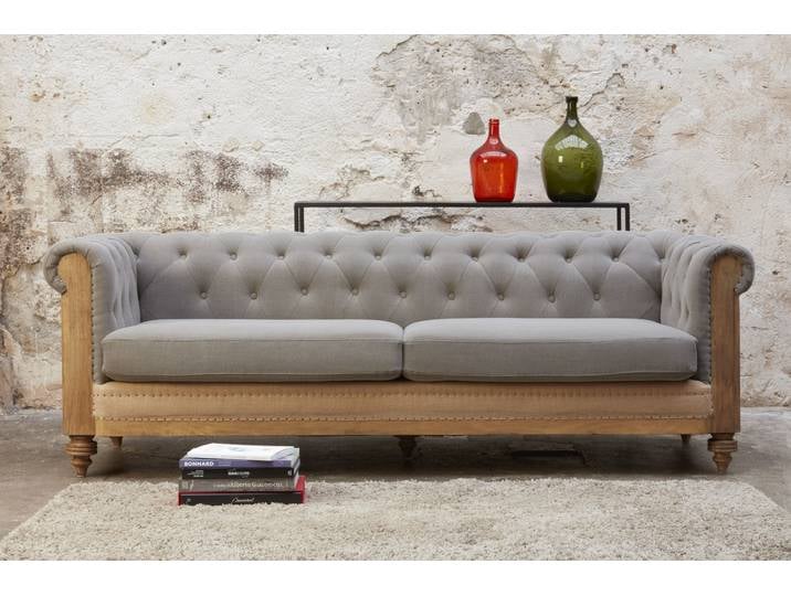 Grand canapé chesterfield lin et coton gris Montaigu
