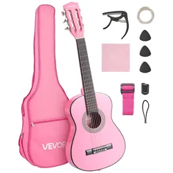 VEVOR Konzertgitarre, 780 mm Holz-Klassikgitarren-Starter-Set für Anfänger, mit Nylonsaiten, Gigbag, Gurt, Stimmgerät, zusätzlichen Saiten, Plektren, Kapodaster, Linde, für Einsteiger, Studenten, Pink