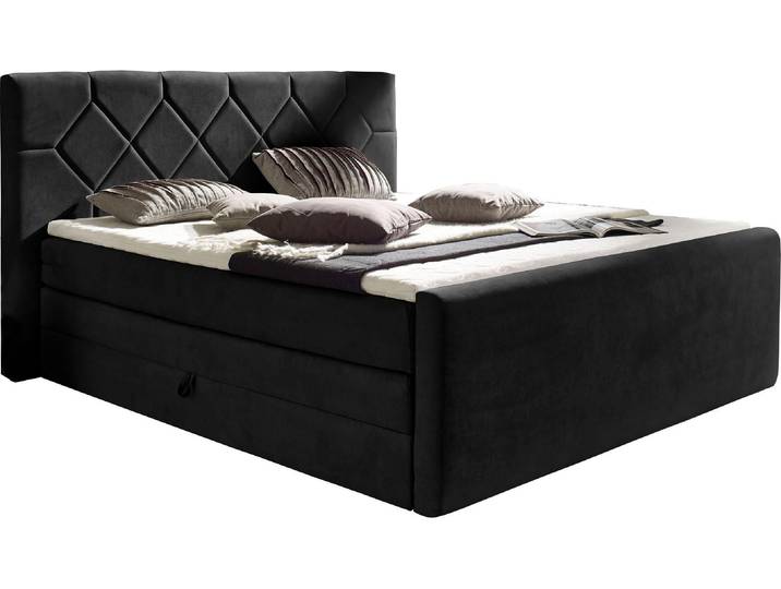 Boxspringbett, Massivholz & Kunststoff, Schwarz, 180×221 cm, Inkl. Topper & Bettkasten, Modern, Places of Style