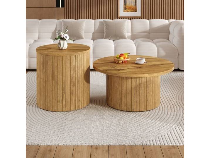 Table Basse Double Table Ronde Table d'appoint avec Lattes en Bois Naturel. Table de Salon Multifonctionnelle
