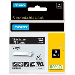DYMO Rhino-Industrie-Vinyletiketten | 12 mm x 5,5 m | weiß auf schwarz | selbstklebendes Schriftband | für Rhino und LabelManager Beschriftungsgerät