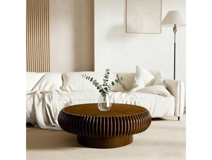 YYZIWYUN Runder, Geriffelter Couchtisch Fürs Wohnzimmer Runder Couchtisch Im Mid-Century-Modern-Stil Beistelltisch Im Landhausstil Mit Geriffelter Form Ideal Für Kleine Wohnungen,Walnut small