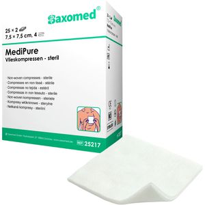 Saxomed Vlieskompressen MediPure, 4-lagig, steril, saugfähig, nicht haftend, 7,5 x 7,5 cm, 50 Stück