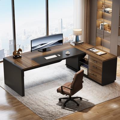 YUZHOU 80'' Executive Desk, L-Shaped Office Table with 55'' Cabinet
