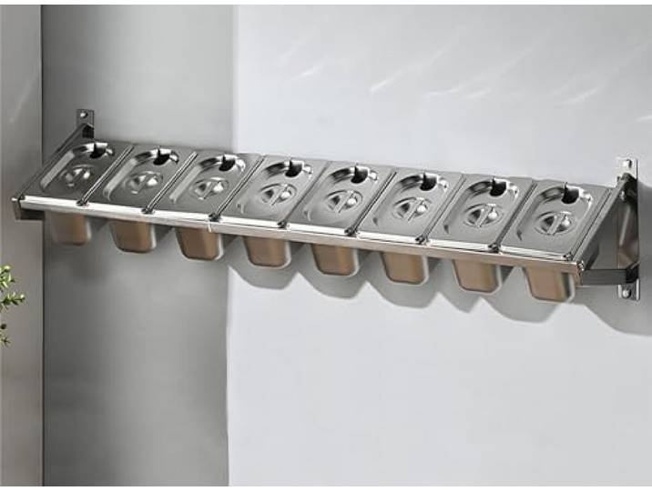 GZGLZDQ Beilagenbehälter Wandmontage, Gewürzbox Platzsparend/Abnehmbar, Gastro Behälter Edelstahl, Mit Deckel und Löffel Zutatenbehälter für Gastro & Küche, Pizza Zubehör(8 Grids)