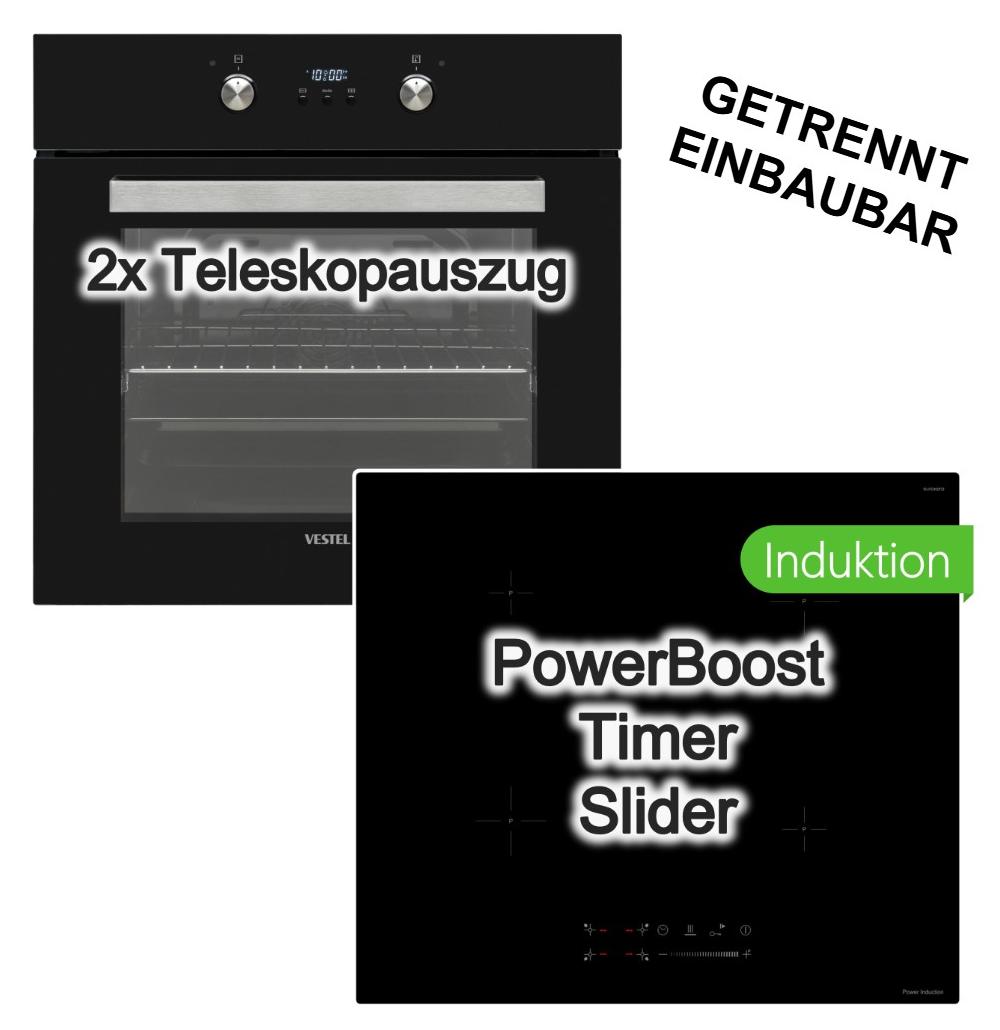 Backofen-Set Vestel Backofen Einbau 2-fach Teleskopauszug Timer Hot Air Shield + keenberk Induktionskochfeld 60cm Booster Touch-Slider Glaskeramik