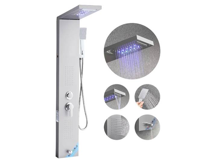 Panneau de douche tour VEVOR (5 modes) avec pomme de douche cascade & LED\, (1345 mm) colonne de douche en acier inoxydable brossé\, système de massage par la pluie pour montage mural\, avec douchette & bec de baignoire