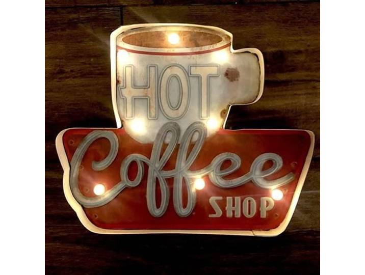 Plaque rétro lumineuse pour bar restaurant café style vintage - ANNEFLY Plaque métallique artisanale Hot Coffee