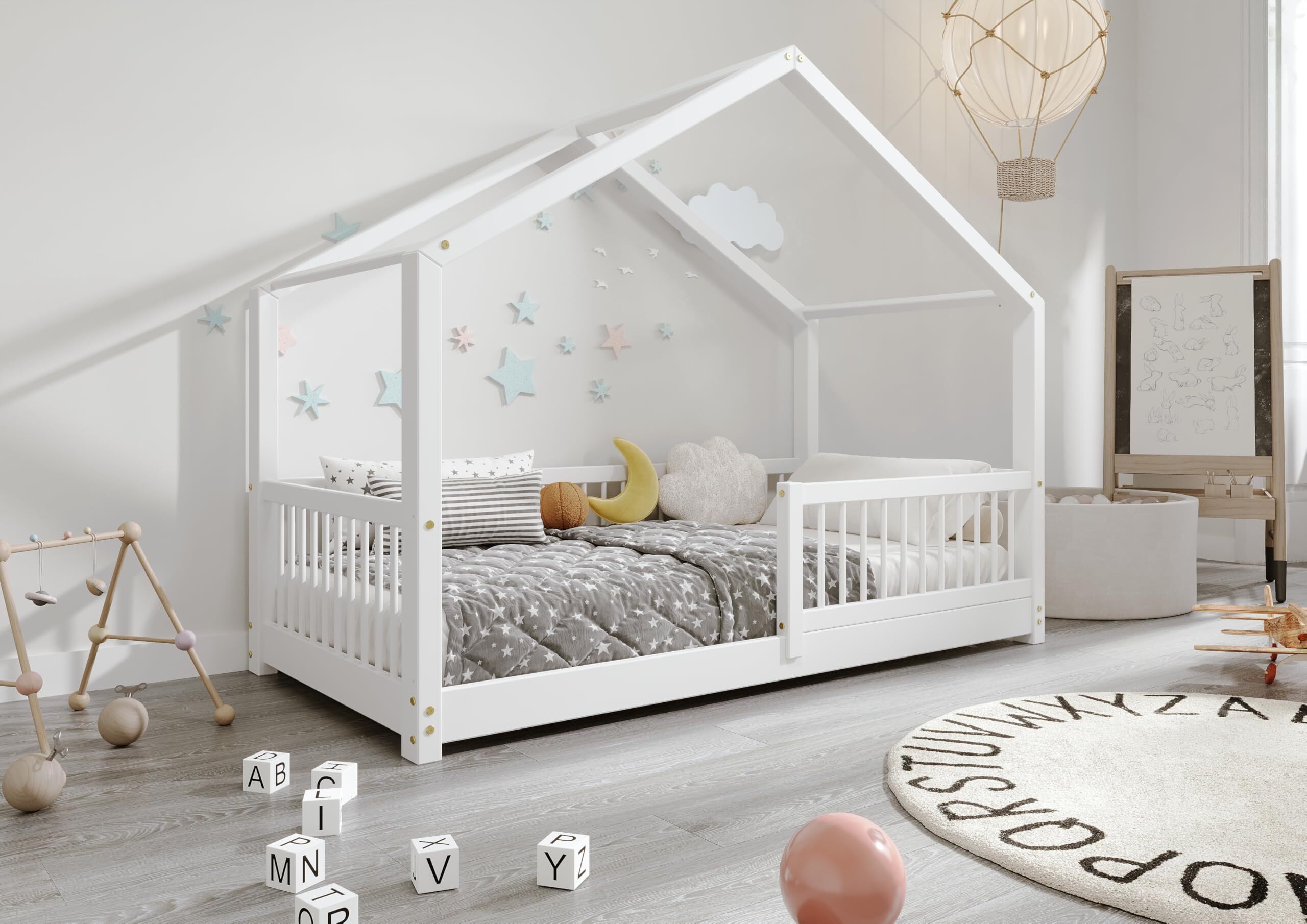 TIMBEE MURLO Hausbett Kinderbett 80x160 cm Weiß mit Rausfallschutz Lattenrost Naturholz Kiefer Holzbett Beinhöhe 3 cm