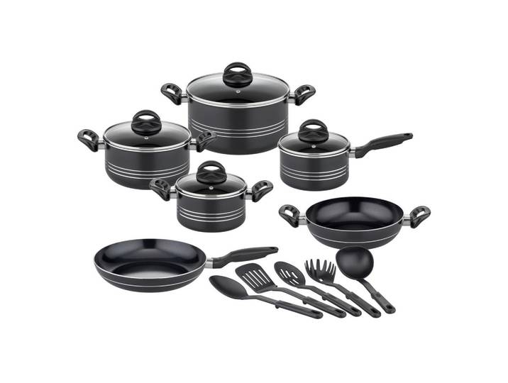 GSW Kochtopfset Milano Nero, Schwarz, Metall, 6-teilig, 16 cm, 1.5 L, ISO 9001, backofengeeignet, kratzfest, rostfrei, Griffe werden nicht heiß, geschmacksneutral, optimale Wärmeverteilung, leichte Reinigung, schadstofffrei gemäß EU-Standards,mit Dampfablass, backofengeeignet, Kochen, Töpfe, Topfsets