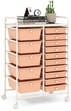 Costway 15-Drawer Utility Rolling Organizer Cart Multi-Use Storage-Peach