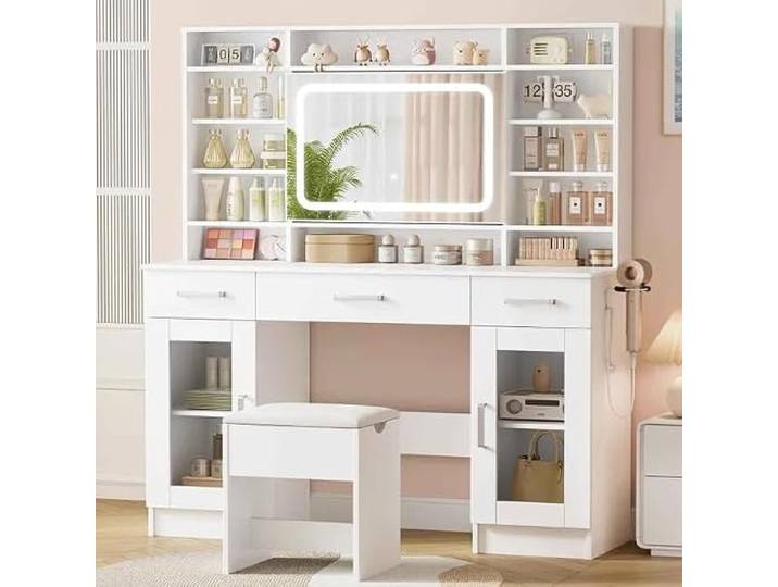 YIHCE Schminktisch mit Beleuchtung und Hocker, einstellbare Helligkeit, Schminktisch mit Spiegel und 3 Schubladen, moderner Kosmetiktisch, Weiß