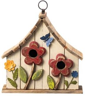 "Glitzhome 10.5""H Distressed Solid Wood Birdhouse with 3D Flowers - 10.5"""