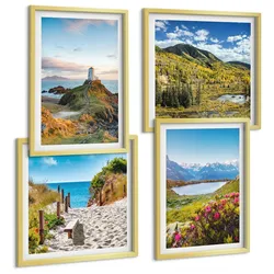 BILDER SET 4er Set - 50x50 cm & 40x60 cm Goldrahmen - Strand, Leuchtturm, Berge, Wiesen, Blumen