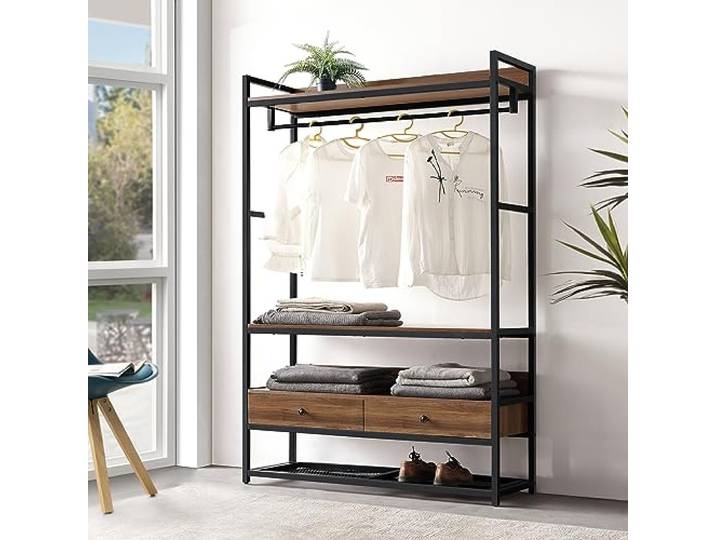 [en.casa] Portant à Vêtements avec Compartiment pour Chaussures Garde-Robe Ouverte Étagères et Tiroirs Portemanteau Industriel pour Entrée Chambre Métal MDF 180 x 120 x 40 cm Noir Effet Noyer