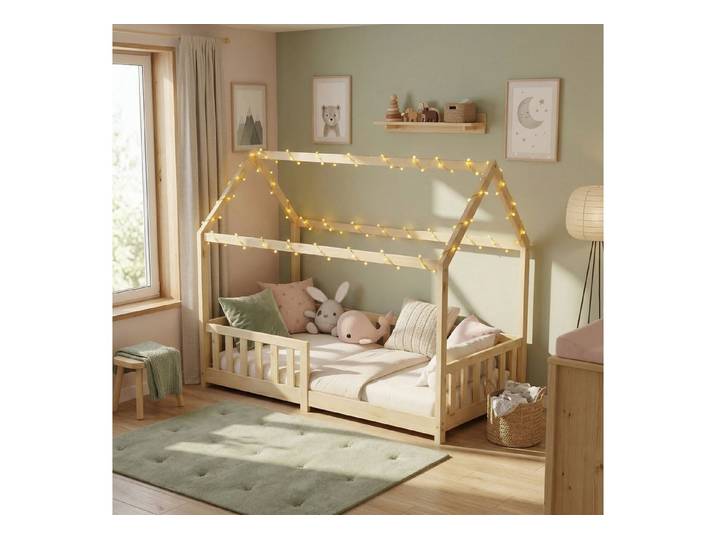 ecoMI Kinderbett Hausbett, Rausfallschutz, Lattenrost, 90x200 & 80x160, Weiß & Natur, Hausbett, Rausfallschutz, Lattenrost, 90x200 & 80x160, Weiß & Natur
