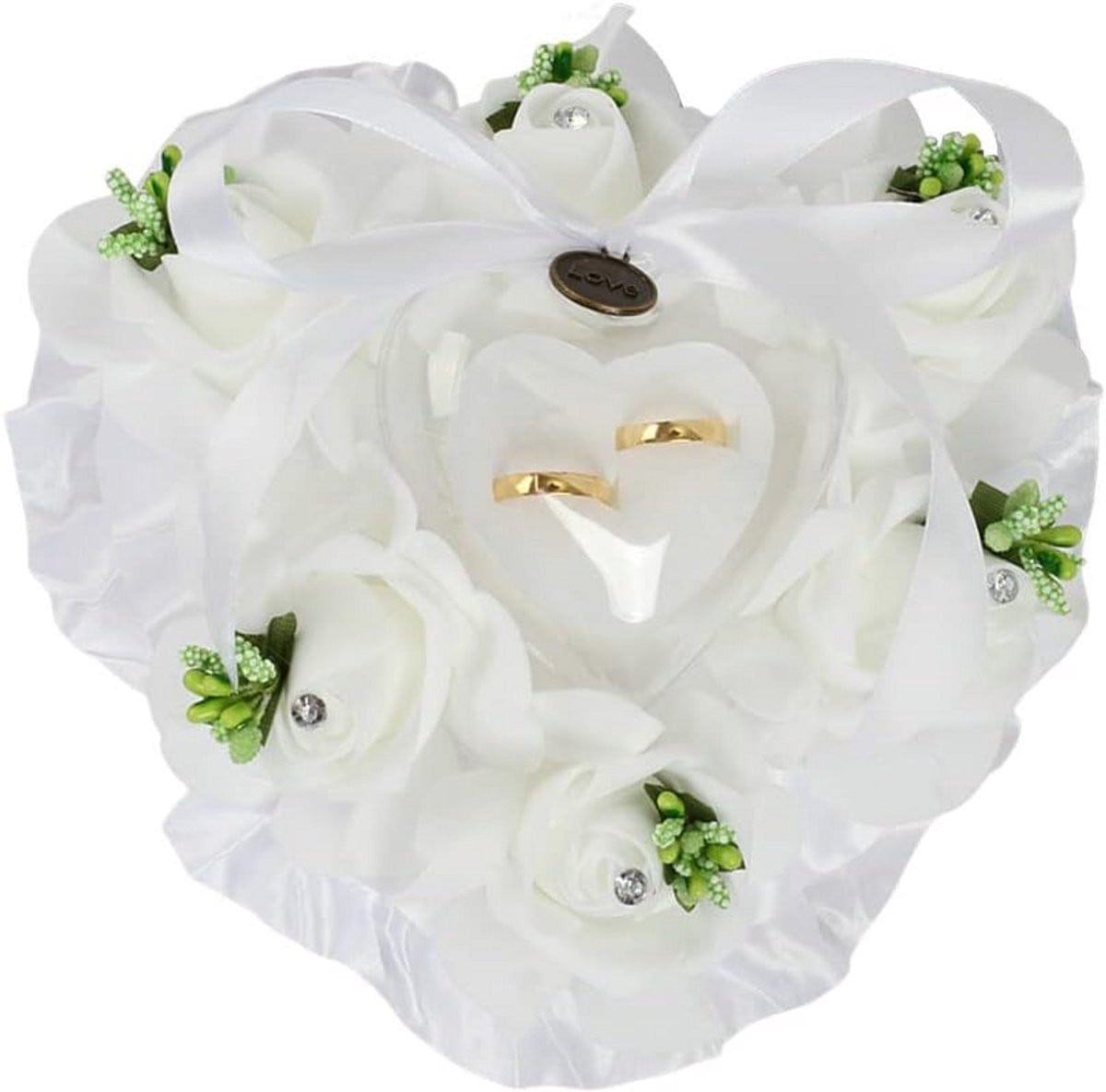 Wit hartvormig ringkussen met rozen voor bruiloft, verloving en Valentijnsdag