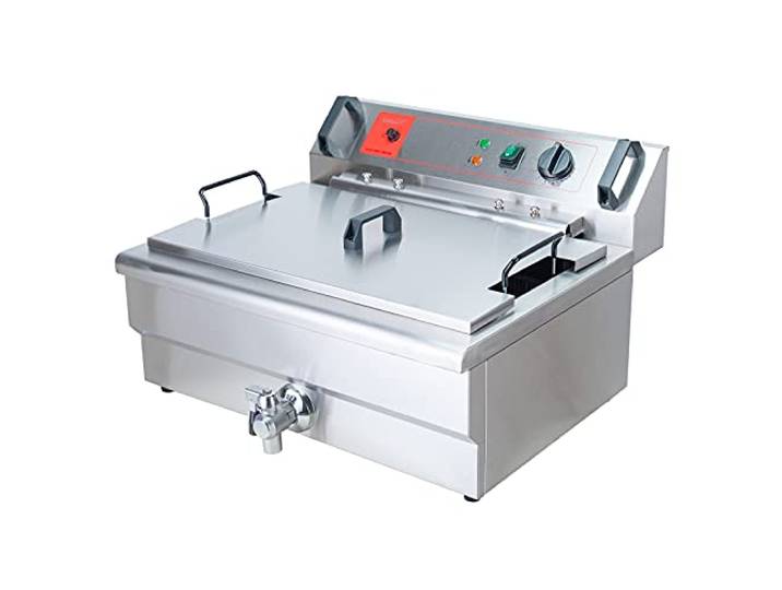 Valgus Kommerzielle elektrische Fritteuse aus Edelstahl 3000W 30L Großraum-Küchenbratmaschine mit Korb und Deckel, Abflusssystem für Restaurant und Zuhause