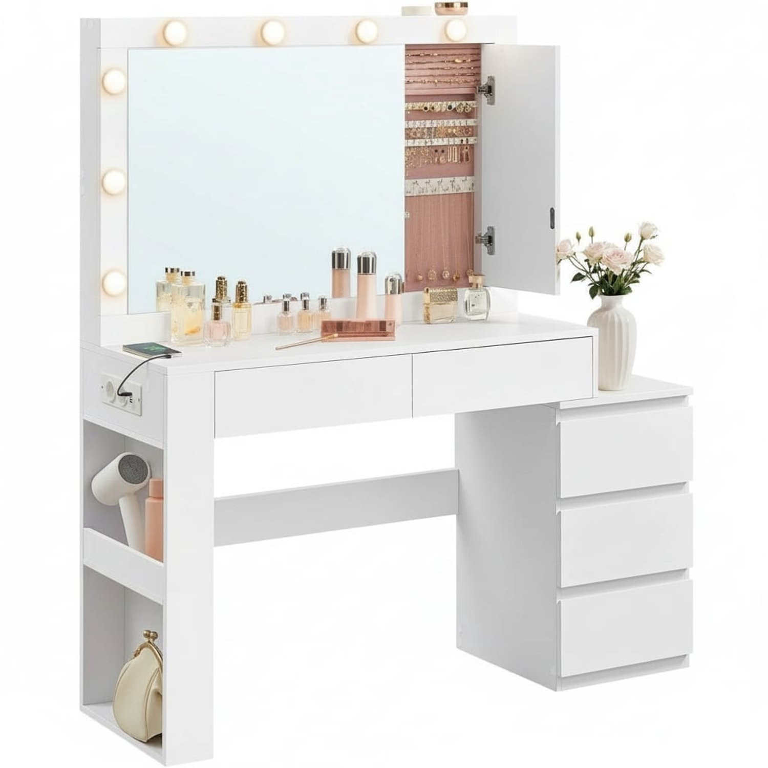 Klarven Kaptafel Wolkenwit met Spiegel, Verlichting, USB-aansluiting en Stopcontacten - B/D/H: 140 x 40 x 125 cm