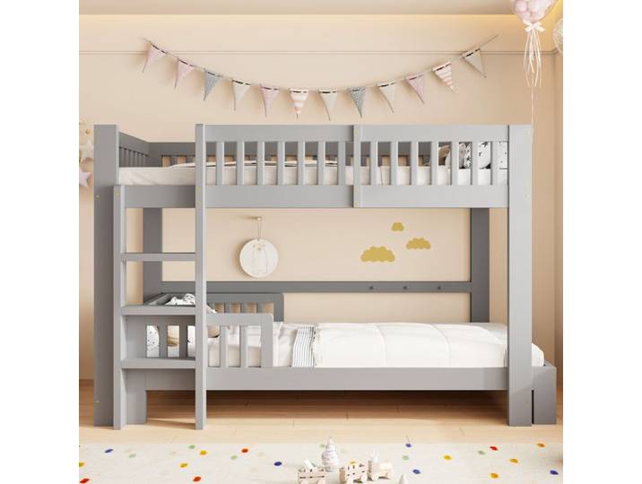 Lit superposé modulaire en bois massif pour enfants 90 x 200 cm (lit mezzanine + lit simple) équipé de barrières de sécurité gris