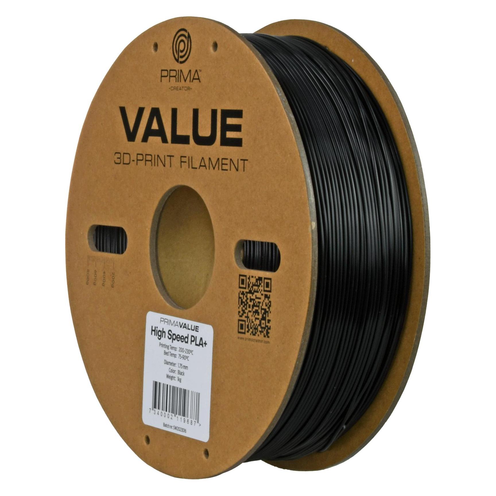 Prima Creator PrimaValue PLA+ High Speed -filamentti 3D -tulostimeen,, musta (1000 g, 1.75 mm) (30233-12822)