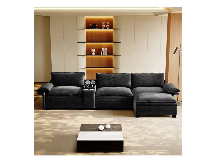 OKWISH Sofa Modulares L‑Sofa 315x70x85 cm aus Chenille mit Konsole, Mit Stauraum, Ottomane, drahtlosem Laden & Lautsprecher 1 Teile, Inkl. Licht & 2 Tassenhaltern für Wohnzimmer & Büro, Schwarz