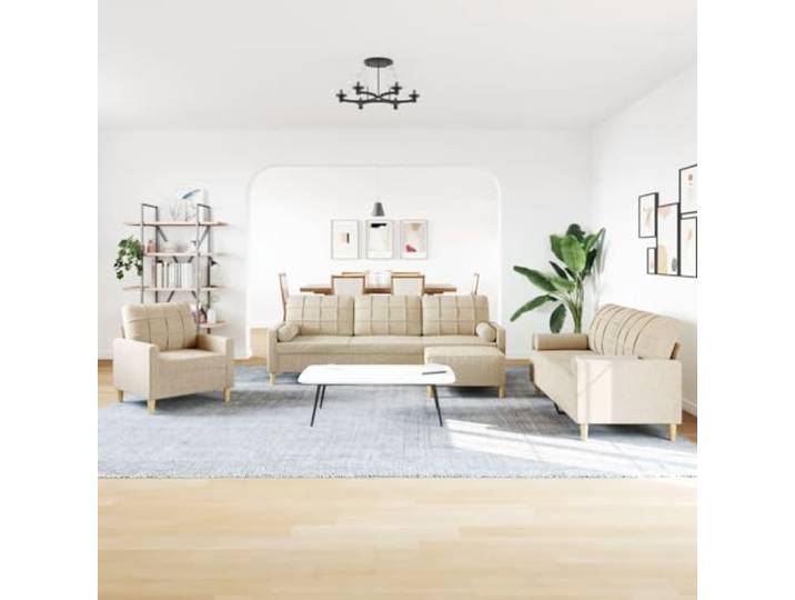 KTHLBRH 4-teiliges Sofa-Set mit Fußstütze und Kissen, cremefarbener Stoff Weiches Polyester, Metallgestell, Schaumgummi, 1 Sofa, 1 2-Sitzer-Sofa, 1 3-Sitzer-Sofa