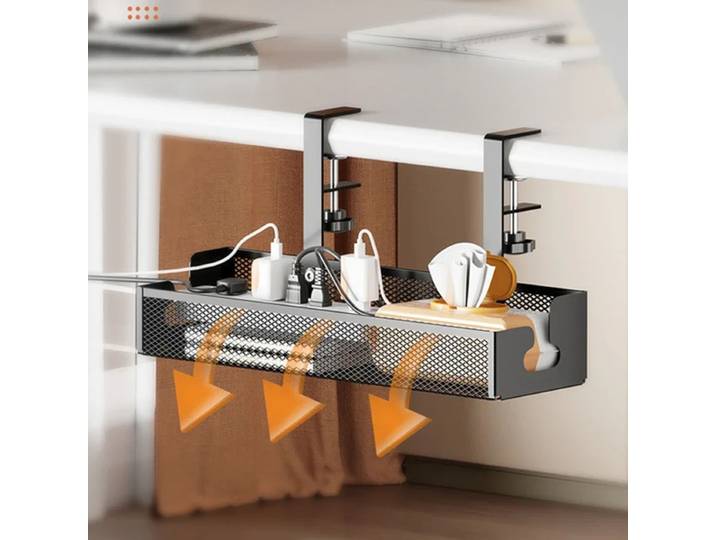 No Drilling Extendable Under Desk Cable Management Metal Cable Tray Under Desk With Clamp Retractable Power Strip Cord Holder