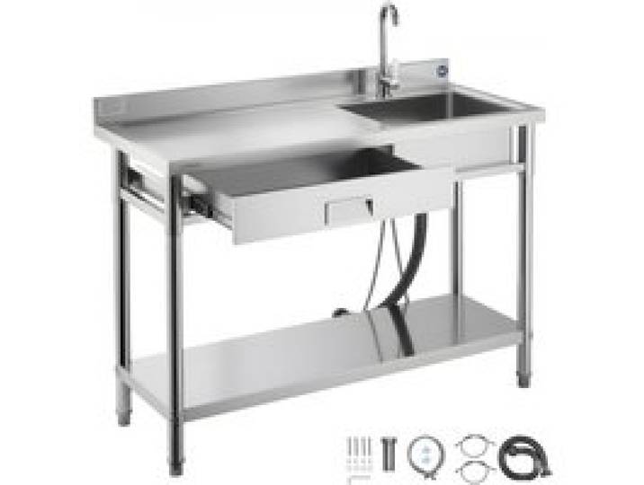 VEVOR Spültisch Spülbecken Edelstahl (120 x 50 x 94 cm), Einzelbecken mit Wasserhahn & Schublade, Küchenspüle für Garage Restaurant Wäscherei, Waschtisch Außenspüle mit Arbeitsplatte (links)