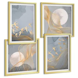 BILDER SET 4er Set - 50x50 cm & 40x60 cm Goldrahmen - Vögel im Flug, Himmel, Mond