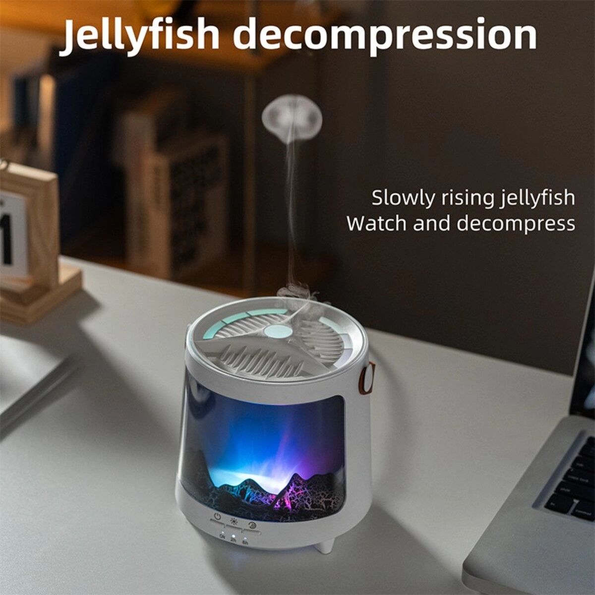 INF Humidificateur méduse V93 à brume ultrasonique, diffuseur d'arôme, lumière aurore RGB et alimentation USB Blanc