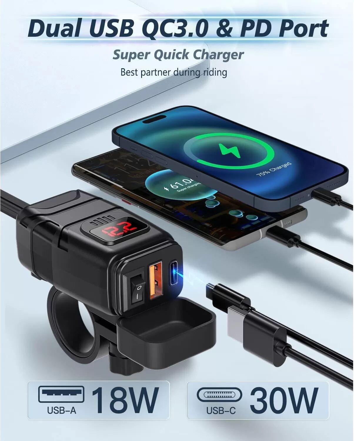 INF Chargeur rapide USB-C / USB pour voiture et moto