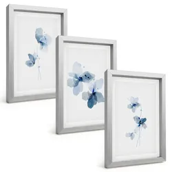 BILDER SET 3er Set - 20x30 cm Silberner Rahmen - Blaue Blumen
