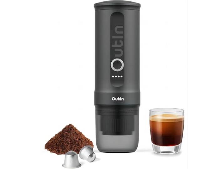 OutIn Nano Tragbare Elektrische Espressomaschine mit USB-C, Space Grey USB-C-Selbsterhitzung, für Kaffeepulver und NS-Kapseln, kompakt für Reise, Camping und Büro