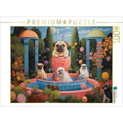CALVENDO Puzzle Hunde baden im Springbrunnen | 1000 Teile Lege-Größe 64x48cm Foto-Puzzle für glückliche Stunden