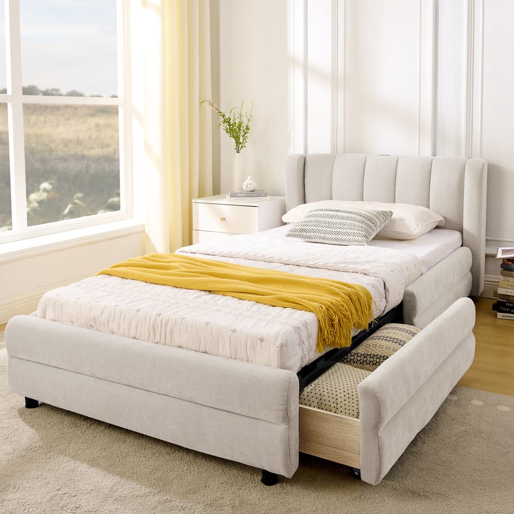 KOMHTOM Lit simple en chenille beige 90x200cm Beige 216x75x111cm