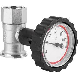 VL-Pumpenflanschkugelhahn 11/4'' mit Thermometerhandgriff rot vernickelt