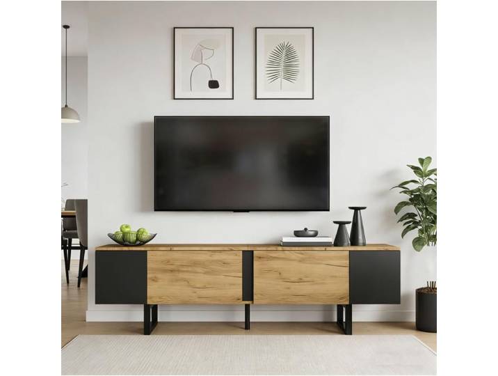 Meuble TV - SENVIRO lignes contemporaines rangements ouverts et fermés 180x40x55cm bois naturel