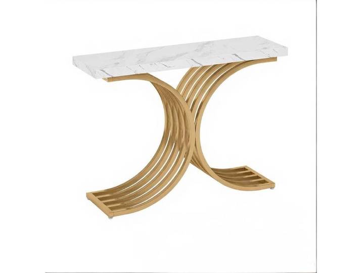 ELVORIN Console table d'entrée 100 x 30 x 80 cm plateau aspect marbre structure en métal doré blanc et or
