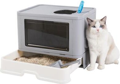 Top Demand Picks Foldable Cat Litter Box With Massager, Front Entry & Top Exit Enclosed Kitty Toilet Box With Scoop grey