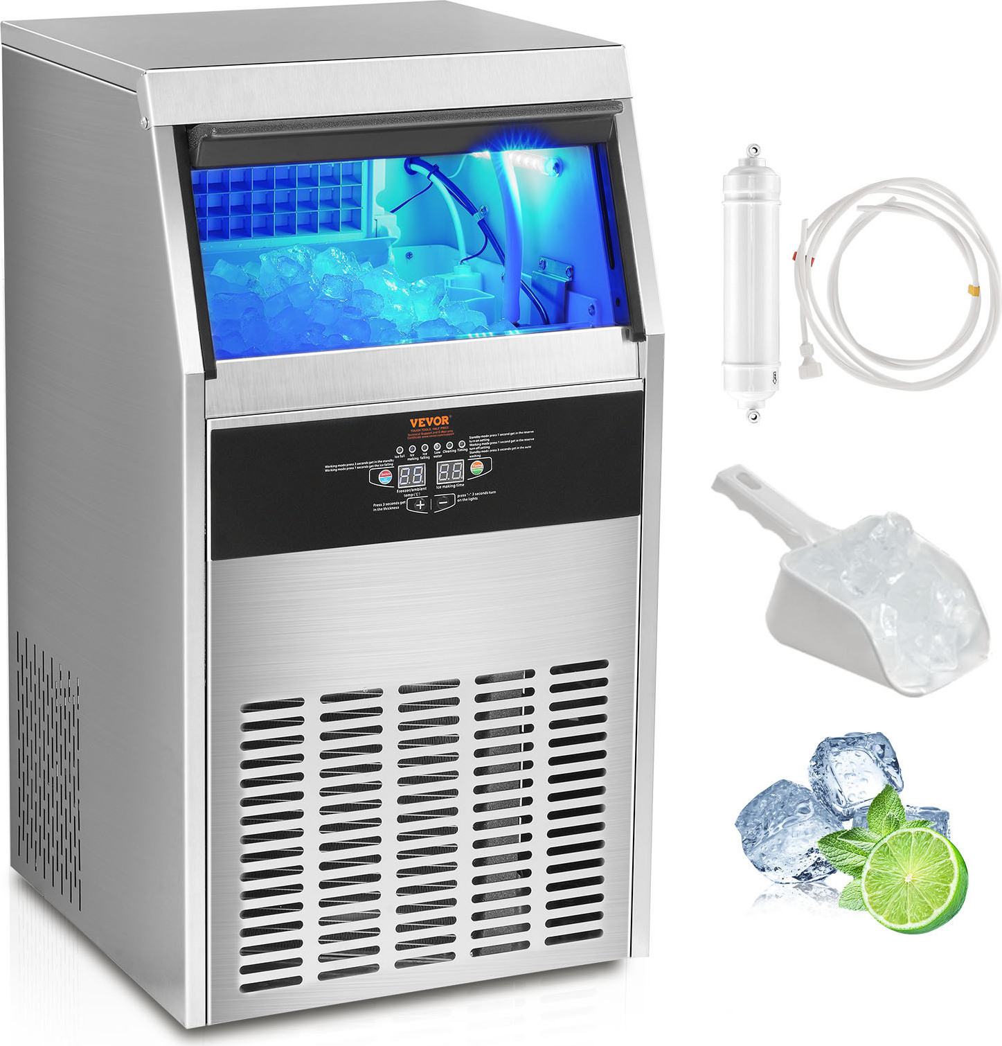 VEVOR Kommerzieller Eiswürfelbereiter Eismaschine 47 kg / 24 h, Leichte Würfeleismaschine 15 kg Eisspeicherkapazität 50 Stk. Eiswürfel, Edelstahl Eiswürfelbereiter inkl. Wasserfilter & Eisschaufel