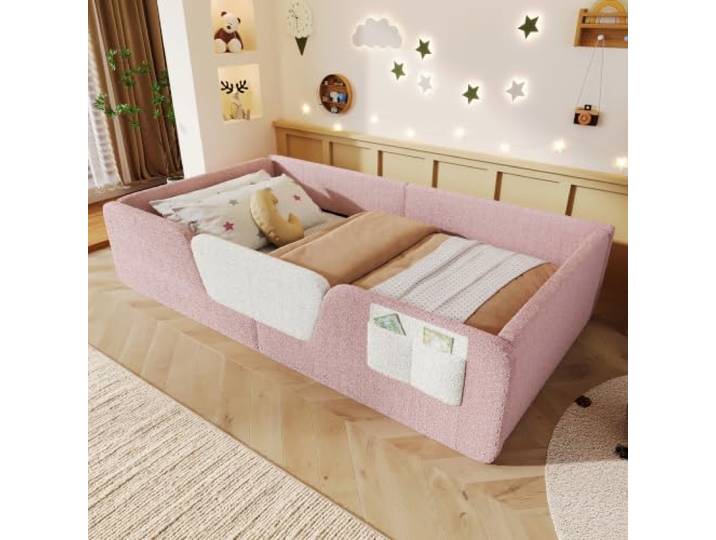 BTM Kinder Bodenbett 90x190 mit Sicherheitsgitter Rosa Stofftasche zur Aufbewahrung, Samtstoff