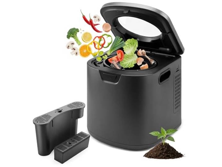 NutriChef Elektrischer Küchenkomposter, intelligenter Komposter mit 2 geruchlosen Kohlefiltern, elektrischer Komposteimer für den Innenbereich, 3 Volumenbasierte Modi, klein, mittel und groß, Schwarz