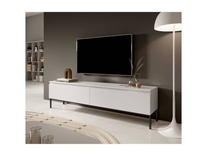 Meuble TV - SELSEY - Bemmi - 175 cm - Blanc mat - Pieds noirs