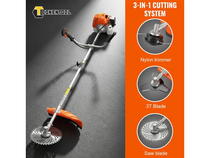 CONENTOOL 52CC Débroussailleuse à essence 3-en-1 2500W Coupe-herbe thermique 2 temps Tondeuse à gazon Outil de jardin robuste pour usage professionnel