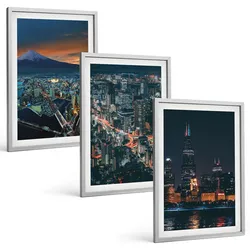 BILDER SET 3er Set - 40x60 cm Silberner Rahmen - Bergpanorama der Stadt bei Nacht