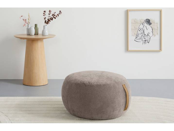 Hocker S.OLIVER Finnian, moderner Designhocker mit Lederriemen, softes Design , stone, B:65cm H:35cm T:65cm, 100% Polyester, Hocker, Hocker, hochwertig, zum Wohlfühlen in Luxus-Microfaser/Struktur oder in Bouclé