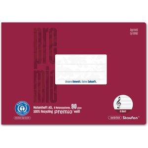 Staufen Notenheft Premio 040791014, Recycling, Lineatur 14, A5, 6 Notenzeilen pro Seite, 90 g/m², 8 Blatt